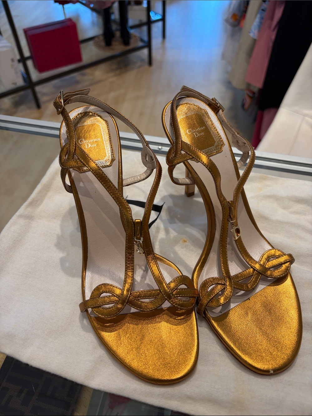 Dior Metallic Gold Knot T-Strap Sandals